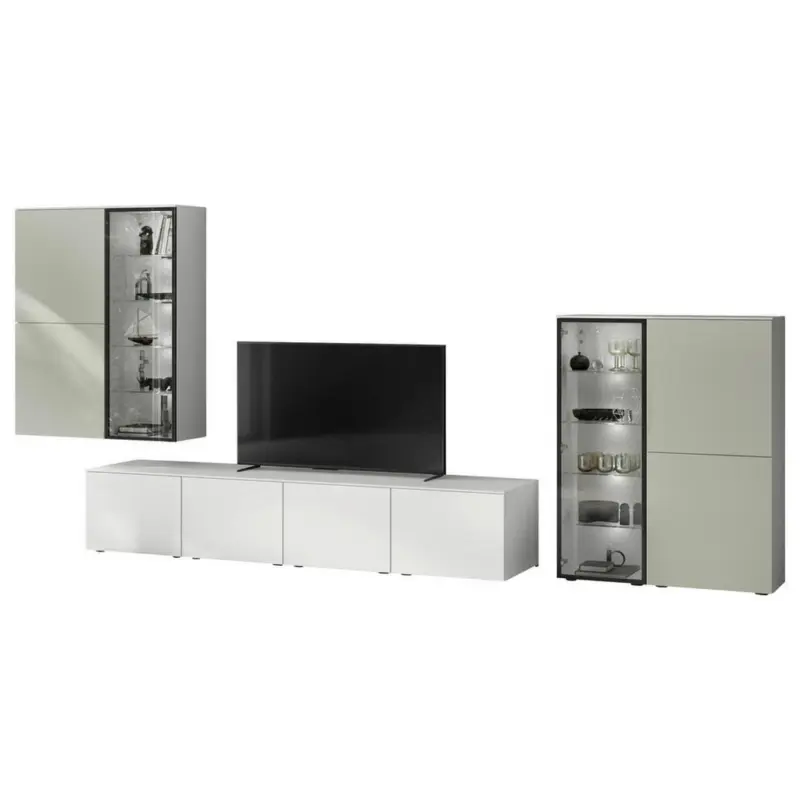 Wohnwand in Wei&szlig;, Jadegr&uuml;n 425,3/204,6/58,5 cm