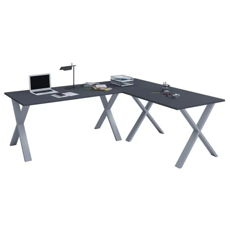 Eckschreibtisch 190/130/76 cm in Anthrazit, Silberfarben