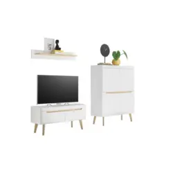 Wohnwand 3-teilig in Wei&szlig;, Eichefarben 234/170/40 cm