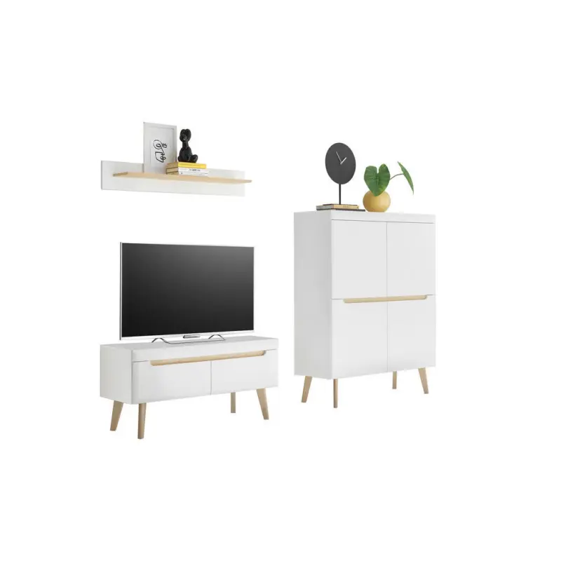 Wohnwand 3-teilig in Wei&szlig;, Eichefarben 234/170/40 cm