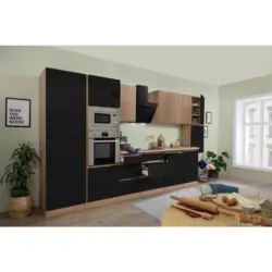 K&uuml;chenblock 395 cm in Eichefarben, Schwarz Hochglanz