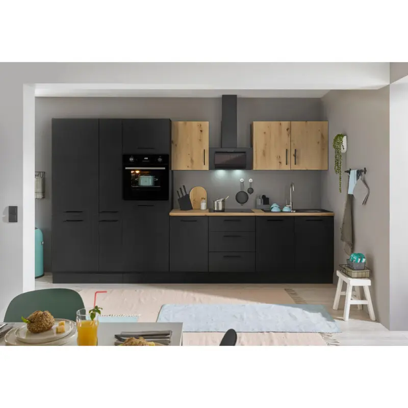 K&uuml;chenblock 360 cm in Schwarz, Eiche Artisan