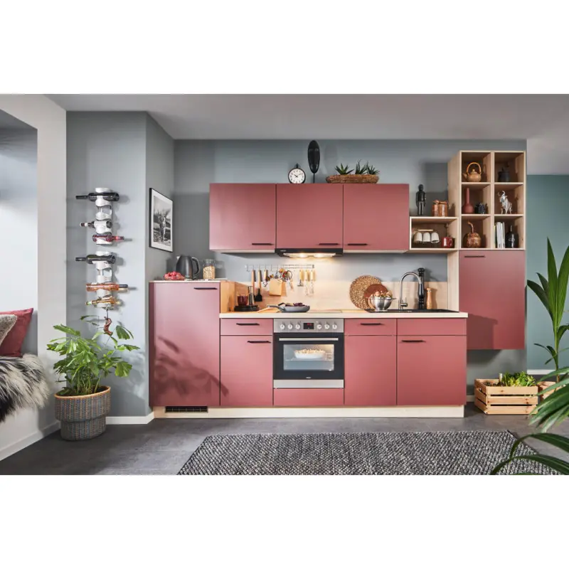 K&uuml;chenleerblock 330 cm in Rot, Eichefarben