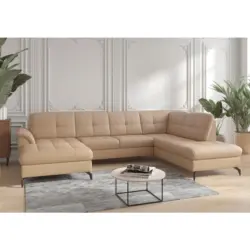 Wohnlandschaft Zora E in Vliesstoff Kombination Echtleder/Stoff Cappuccino