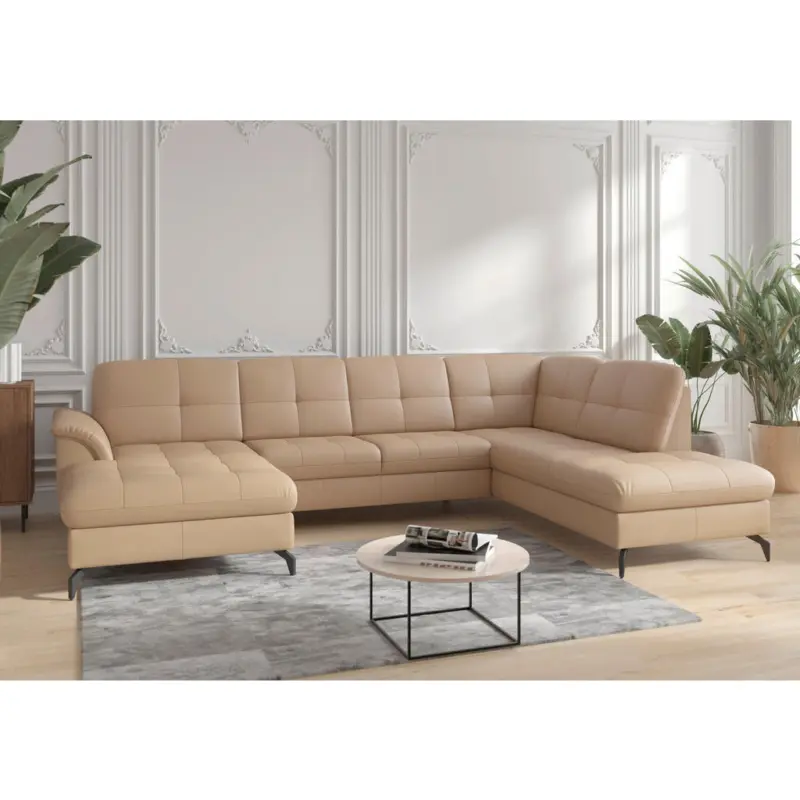 Wohnlandschaft Zora E in Vliesstoff Kombination Echtleder/Stoff Cappuccino