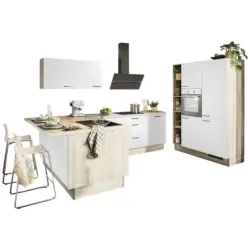 Eckk&uuml;che in Wei&szlig;, Tannenholzfarben