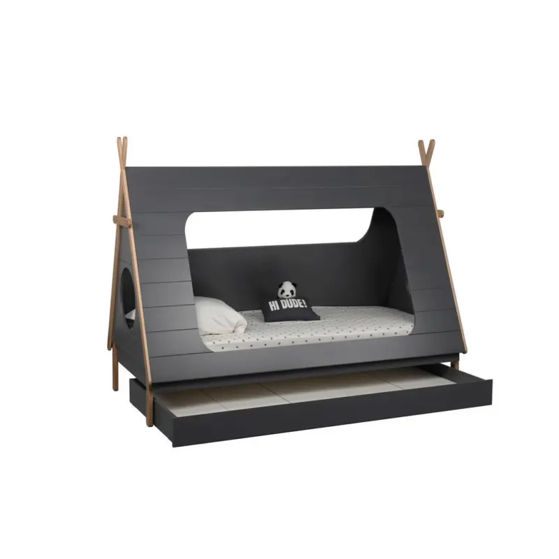 Hausbett Lattenrost, Bettschublade 90/200 cm in Naturfarben, Dunkelgrau