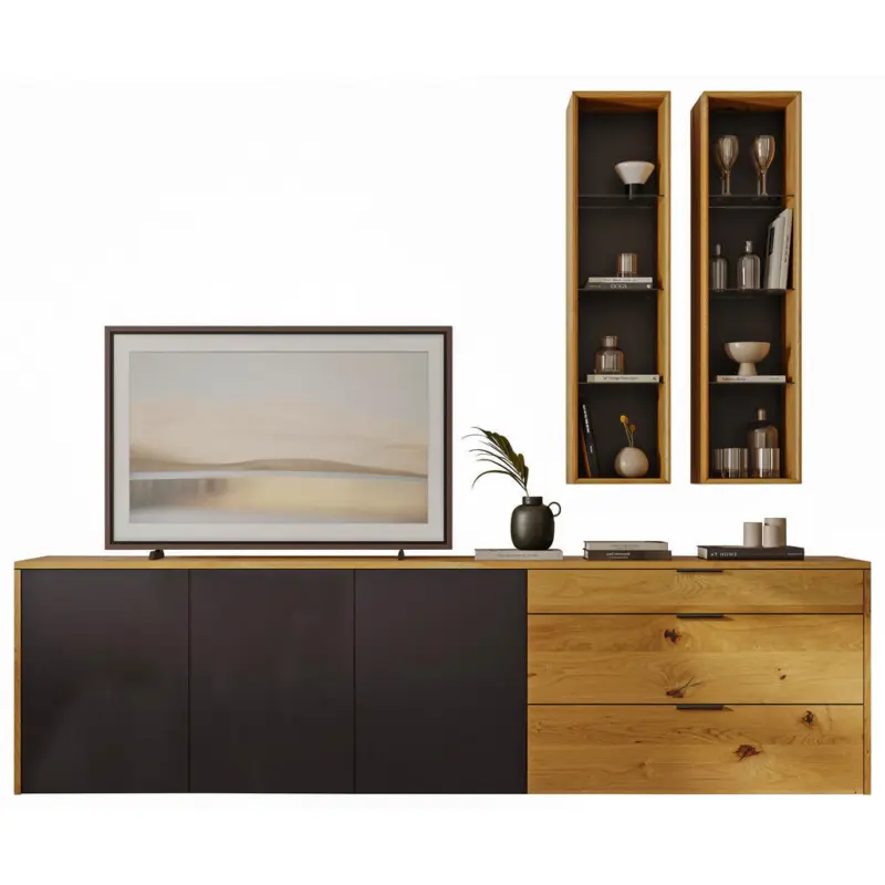 Wohnwand in Dunkelgrau, Wildeiche 254/212/48 cm