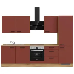 K&uuml;chenblock 300 cm in Eichefarben, Dunkelrot