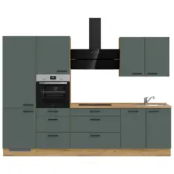 K&uuml;chenleerblock 300 cm in Eichefarben, Dunkelgr&uuml;n