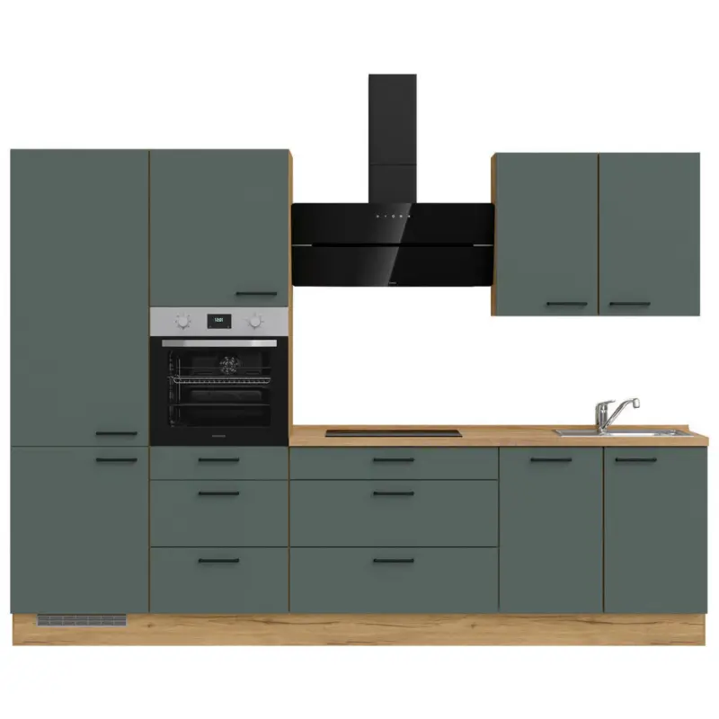 K&uuml;chenleerblock 300 cm in Eichefarben, Dunkelgr&uuml;n