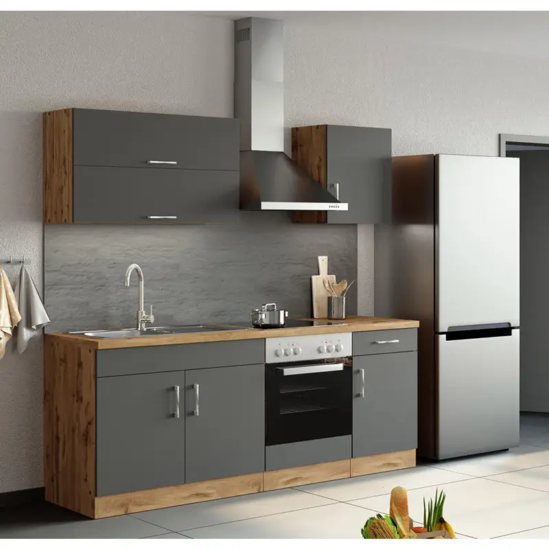 K&uuml;chenblock 210 cm in Anthrazit, Eiche Wotan