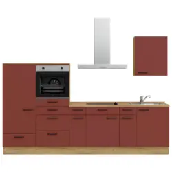 K&uuml;chenblock 300 cm in Eichefarben, Dunkelrot