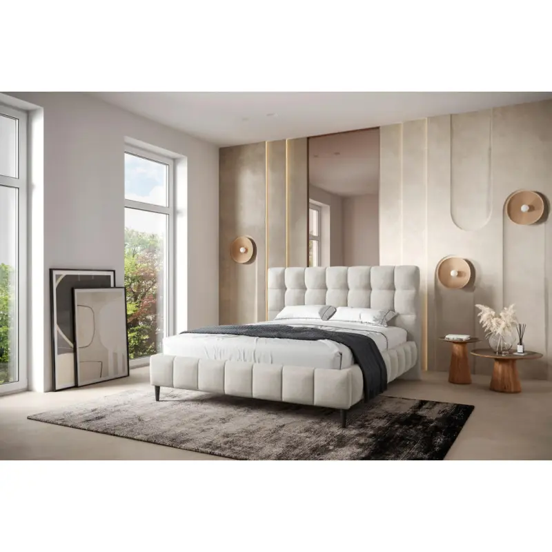 Polsterbett gepolstertes Kopfteil, Lattenrost, Bettkasten Beige 180/200 cm