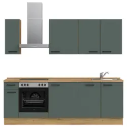 K&uuml;chenblock 240 cm in Eichefarben, Dunkelgr&uuml;n