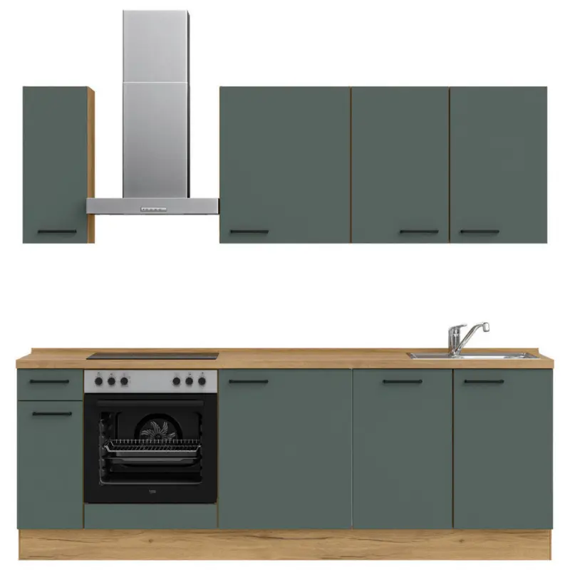 K&uuml;chenblock 240 cm in Eichefarben, Dunkelgr&uuml;n