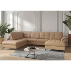 Wohnlandschaft Zora E in Vliesstoff Kombination Echtleder/Stoff Cappuccino