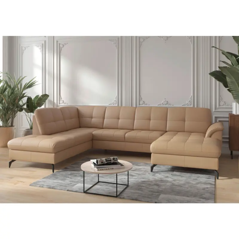 Wohnlandschaft Zora E in Vliesstoff Kombination Echtleder/Stoff Cappuccino