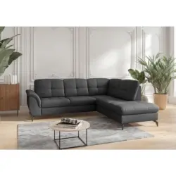 Ecksofa Zora E in Vliesstoff Kombination Echtleder/Stoff Schwarz 244/212 cm