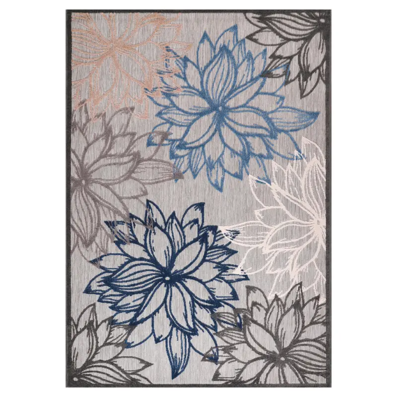 Outdoorteppich 140/200 cm Floral Blau, Grau, Wei&szlig;