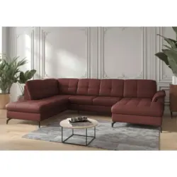 Wohnlandschaft Zora E in Vliesstoff Kombination Echtleder/Stoff Rotbraun