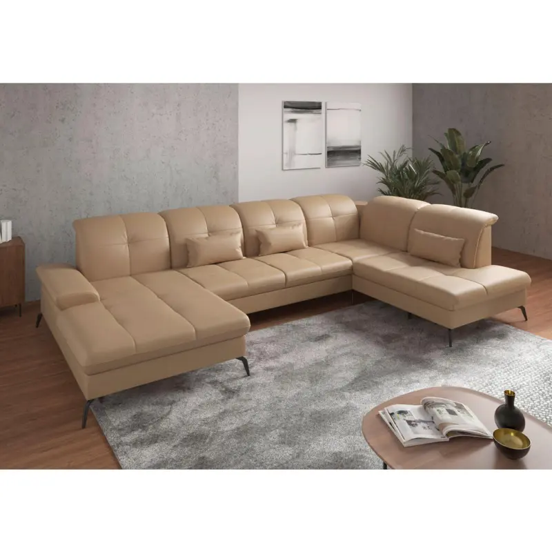 Wohnlandschaft in Vliesstoff Kombination Echtleder/Stoff Cappuccino