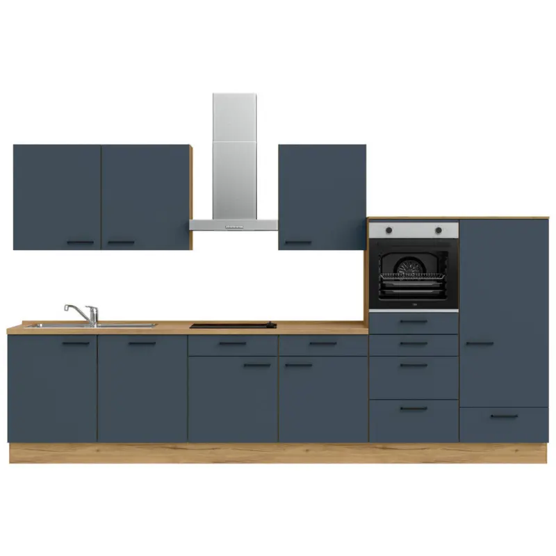 K&uuml;chenblock 360 cm in Eichefarben, Dunkelblau