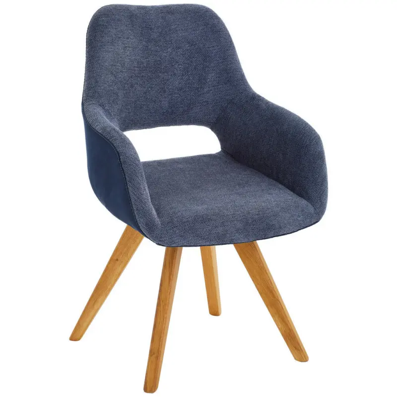 Armlehnstuhl in Holz, Textil Blau, Eichefarben