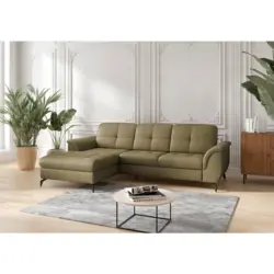 Ecksofa Zora E in Vliesstoff Kombination Echtleder/Stoff Olivgr&uuml;n 164/262 cm