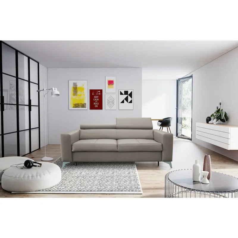 Schlafsofa Mondo in Lederlook Echtleder Hellgrau Modern, Landhaus, Industrial