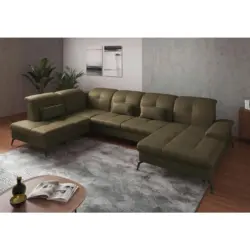 Wohnlandschaft in Vliesstoff Kombination Echtleder/Stoff Olivgr&uuml;n