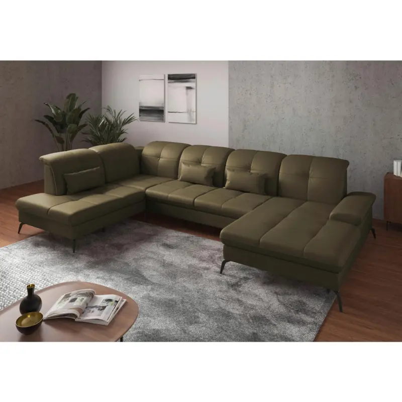 Wohnlandschaft in Vliesstoff Kombination Echtleder/Stoff Olivgr&uuml;n