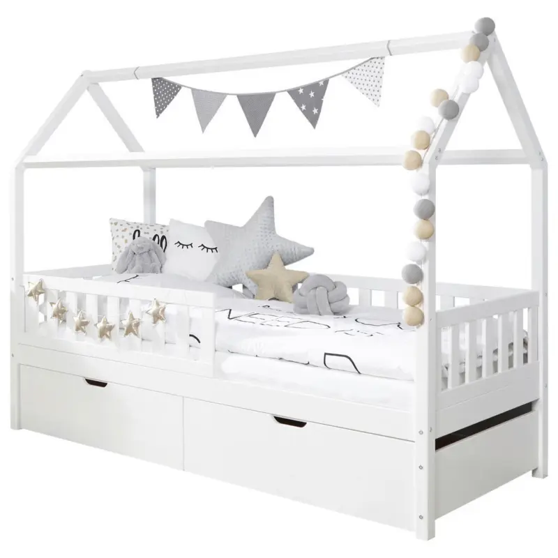 Hausbett Absturzsicherung, Bettschublade 90/200 cm in Wei&szlig;