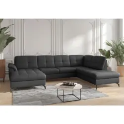 Wohnlandschaft Zora E in Vliesstoff Kombination Echtleder/Stoff Schwarz