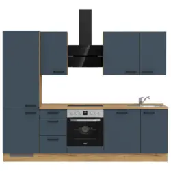 K&uuml;chenleerblock 270 cm in Blau, Eichefarben