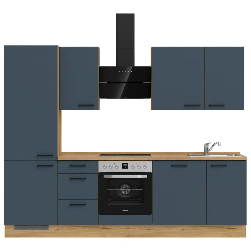 K&uuml;chenleerblock 270 cm in Blau, Eichefarben