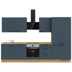 K&uuml;chenblock 330 cm in Eichefarben, Dunkelblau