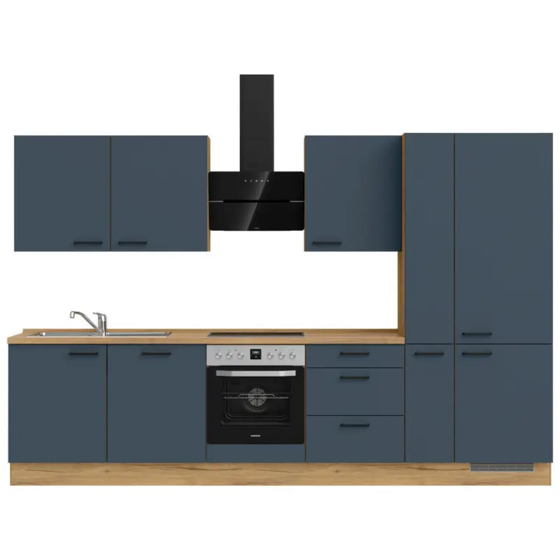 K&uuml;chenblock 330 cm in Eichefarben, Dunkelblau