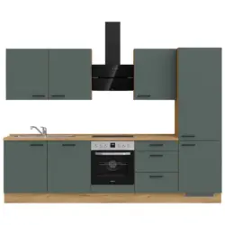 K&uuml;chenleerblock 300 cm in Eichefarben, Dunkelgr&uuml;n