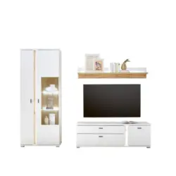 Wohnwand 3-teilig in Wei&szlig;, Eiche Wotan 240/200/42 cm