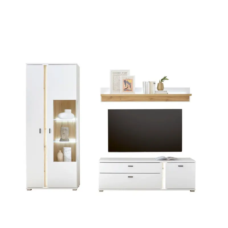 Wohnwand 3-teilig in Wei&szlig;, Eiche Wotan 240/200/42 cm