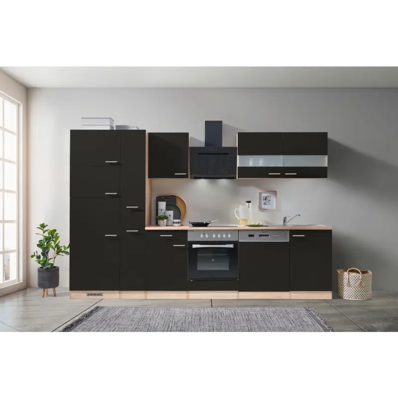 K&uuml;chenblock 310 cm in Schwarz, Eichefarben