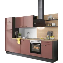 K&uuml;chenblock 290 cm in Graphitfarben, Rot, Eichefarben