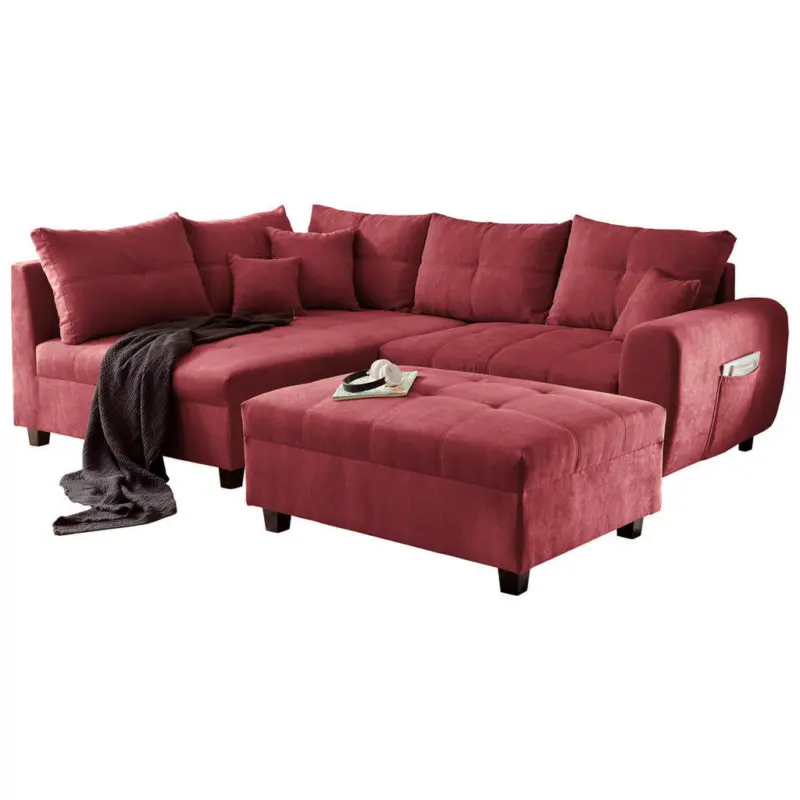 Ecksofa inkl. Hocker in Mikrovelours Beere 176/248 cm