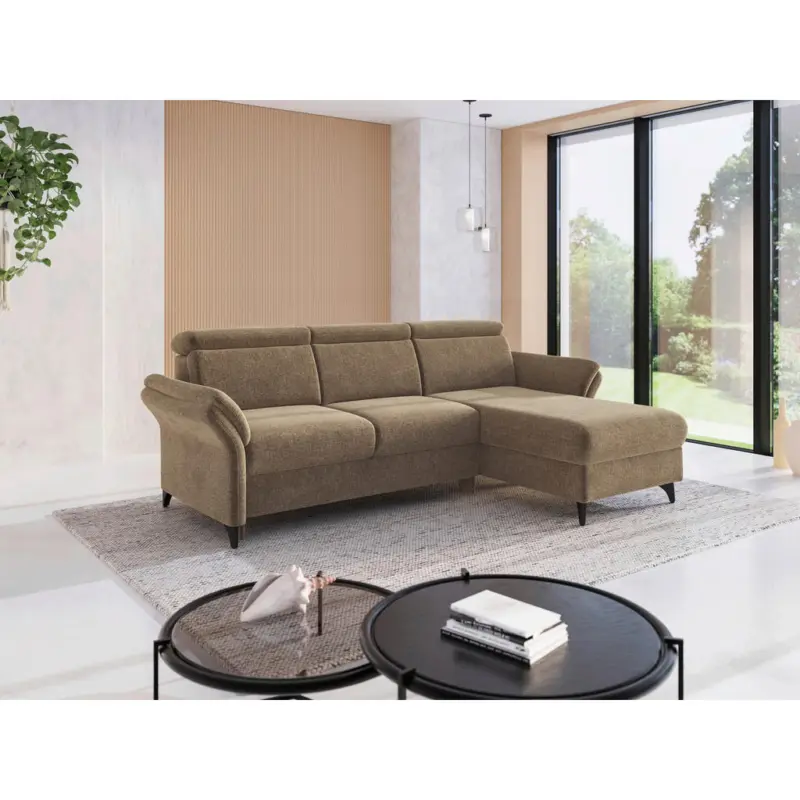 Ecksofa Glendale E in Flachgewebe Hellbraun 253/166 cm
