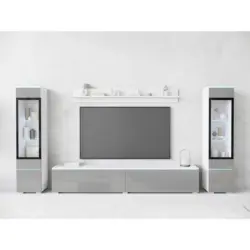 Wohnwand 4-teilig in Wei&szlig;, Grau Hochglanz