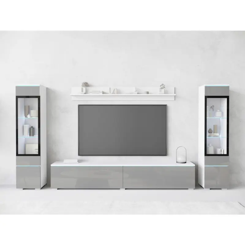 Wohnwand 4-teilig in Wei&szlig;, Grau Hochglanz