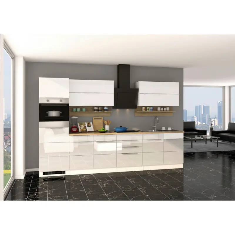 K&uuml;chenblock 320 cm in Wei&szlig;, Sonoma Eiche, Wei&szlig; Hochglanz