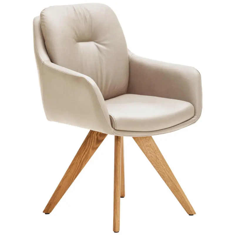 Armlehnstuhl in Holz, Leder Beige, Wildeiche