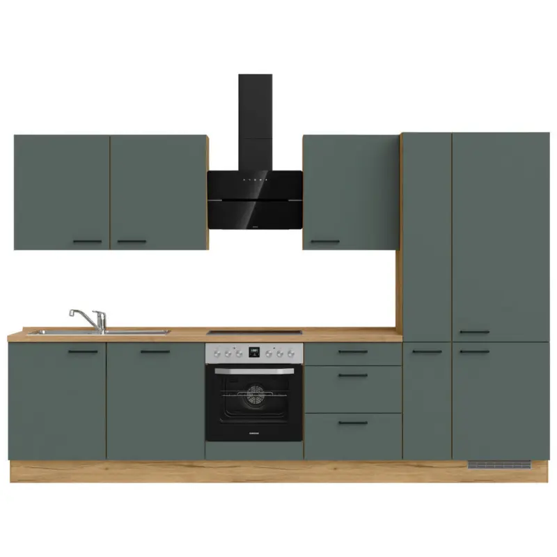 K&uuml;chenleerblock 330 cm in Eichefarben, Dunkelgr&uuml;n